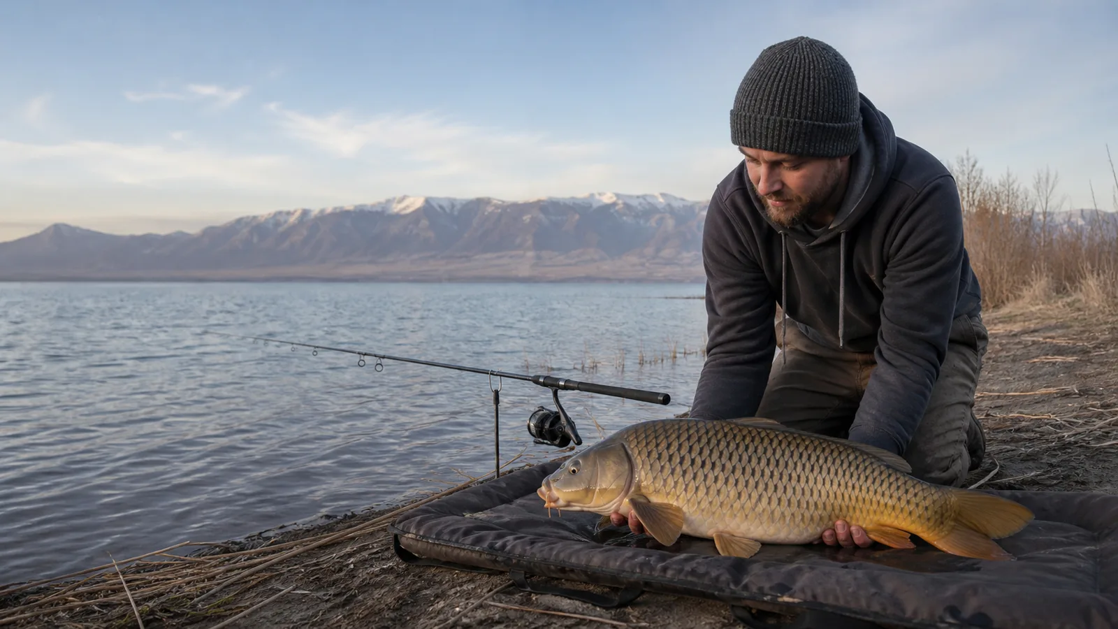 Illustrative view of a bank angler with a common carp on an unhooking mat near a mountain lake