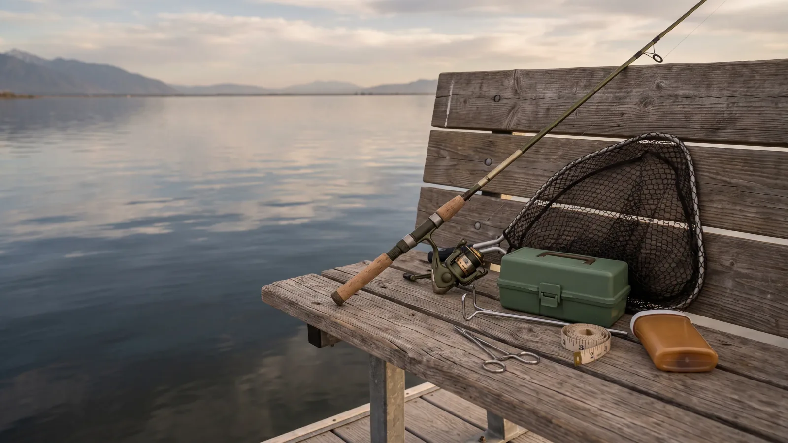A carp rod, landing net, tackle box, forceps, and measuring tape on a bench beside Utah Lake